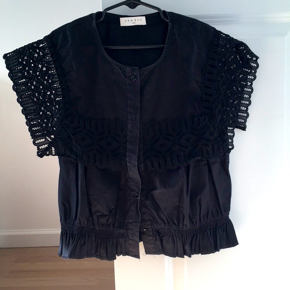 Sandro black cotton sleeveless top with eyelet design